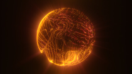 Radiant orange digital sphere with glowing plasma-like threads and flickering light in a warm, abstract space