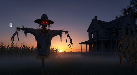 Spooky scarecrow with red eyes in cornfield at sunset near haunted house