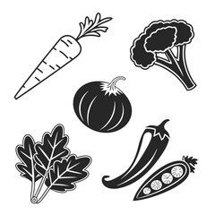 Carrot broccoli pumpkin chili pepper and peas icons vector