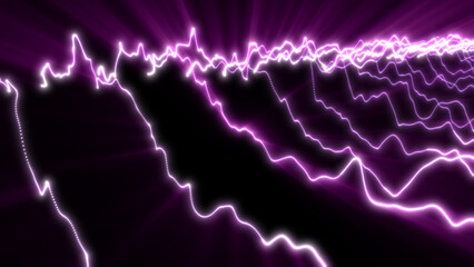 Flowing violet electric lines bend across a glowing abstract landscape with high-energy light curves