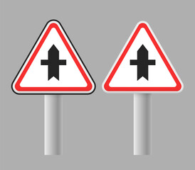 Crossroads with a minor road. Traffic sign. Vector 3d clipart isolated on grey background.
