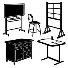 Classroom furniture silhouettes desk chair cabinet screen vector