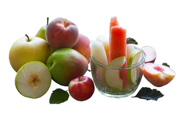 Autumn fruits piled up in one place on a white background
