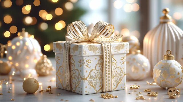 Luxury Christmas gift box with golden ribbon and ornaments