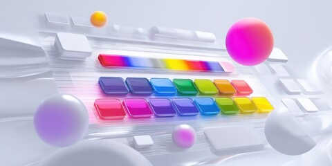 Immersive Gaming UI: Large Subtitle Demo Line, Colorblind-Friendly Palette, Scalable Icons, Clean 3D Composition