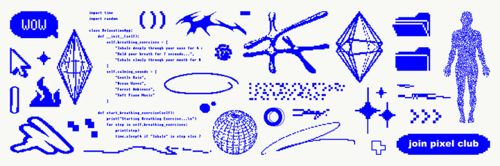 Graphic geometric shape asset pack with bitmap, pixel element, dialogue box, code, script fragment. Design sticker for social media, banner, cover. Vector isolated figures