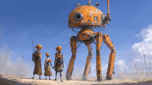 robots family desert landscape giant mech