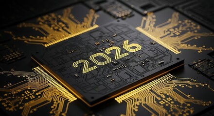 Fototapeta premium Glowing 2026 on Advanced Microchip - Future Technology and Innovation on Dark Circuit Board.