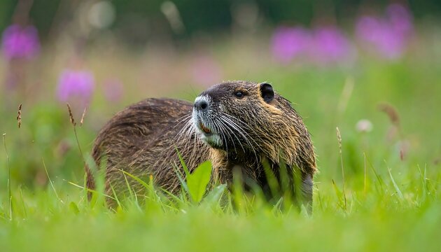 Close-up of a nutria in tall grass