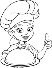 Smiling female chef woman wearing a tall hat holds a covered serving dish while giving a thumbs up. Perfect black and white cartoon for restaurant clipart, cooking designs, menus, or coloring pages.