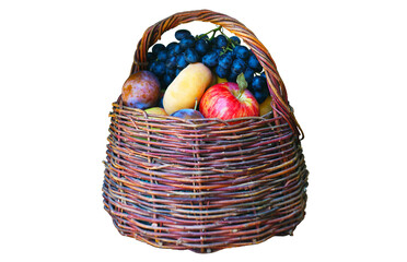 There are grapes and various fruits in a basket on a white background.