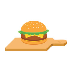 Juicy cheeseburger with lettuce and cheese on a wooden board food meal