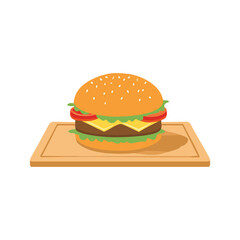 Juicy cheeseburger with lettuce tomato and cheese on wooden board food fast food