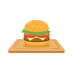 Juicy hamburger with lettuce tomato cheese and sesame seed bun on wooden board food