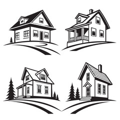 Four black and white house illustrations with trees and landscape home building