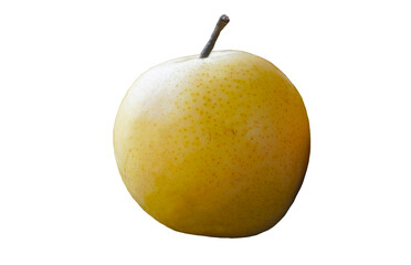 There is a large ripe yellow pear on a white background.