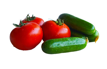 There are tomatoes and cucumbers on a white background.