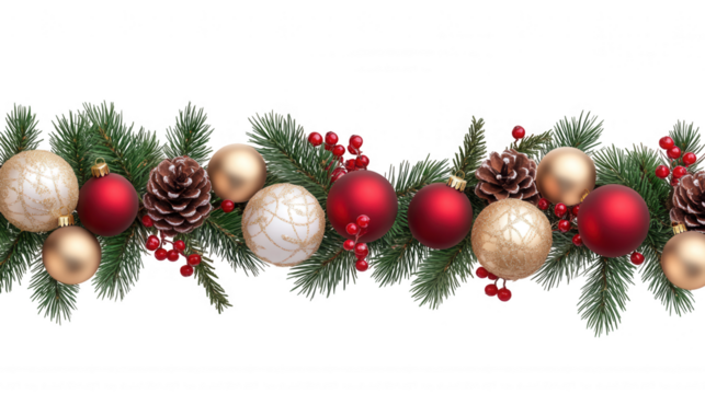 Christmas garland featuring gold, red ornaments, holly leaves, pine branches, red on transparent berries background
