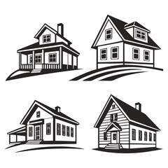 Four distinct black and white house illustrations home building