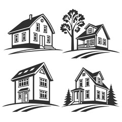 Four monochrome house emblems with trees and landscape home real estate