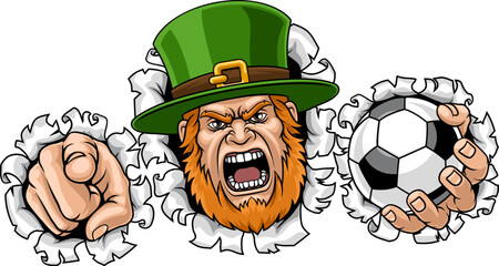An angry Leprechaun Celtic Irish cartoon character holding Soccer Football ball and pointing sports team mascot illustration.
