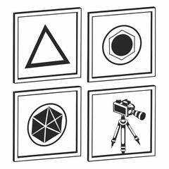Obraz premium Geometric shapes and camera on tripod in frames triangle circle