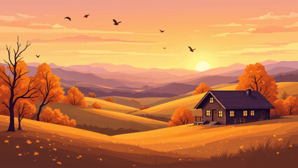 Flat vector autumn illustration with colorful orange trees, rolling hills, a house, and birds flying at sunset