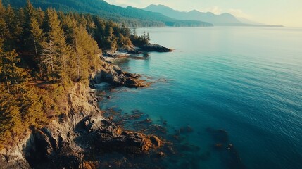Obraz premium An aerial view of the ocean and trees. Aerial drone footage of realistic coastlines and landscapes. A shallow depth of field on vancouver island. A bird's-eye perspective of lifestyle the sea and.