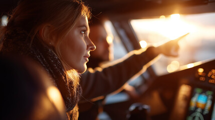 An over the shoulder view of a navigator pointing at an electronic flight display students watching attentively reflections of sunlight and illuminated instruments creating
