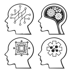 Human head profiles with circuitry and gears artificial intelligence brain