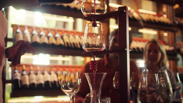 Professional sommelier decanting red wine for a private tasting room experience