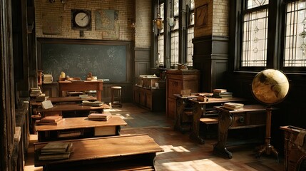 An antique classroom filled with vintage desks and books.