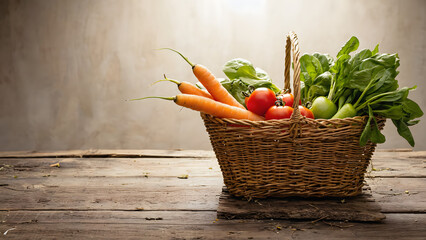 Freshly Harvested Garden Vegetables in a Wicker Basket on a Wood Surface