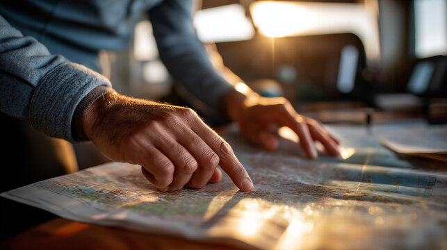 A close up of a navigator’s hands pointing at navigation charts students carefully observing aircraft style instruments glowing softly in warm natural light atmosphere of