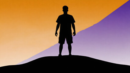 Silhouette of a Person Standing atop a Hill with a Sunset or Sunrise Background