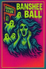 Banshee Ball ghost dance poster with neon art and copy space for parties, ads

