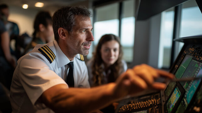 A navigator in uniform teaching aerial navigation techniques to students inside a modern simulator aviation charts and glowing displays spread across the console focused