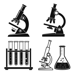 Microscopes test tubes and flask silhouettes laboratory equipment