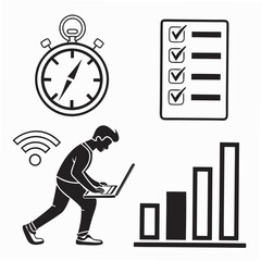 Online exam icons stopwatch checklist person with laptop wifi signal bar graph vector