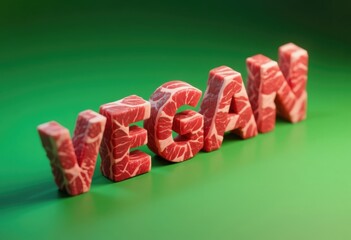 Word vegan sculpted from raw meat in 3d letters against vibrant green backdrop. Food, diet trendy background.