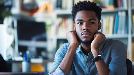 Young man sitting at desk. Young man is thoughtful and serious man in a video. A student office worker is inspired by the depth of field. A young man seated at lifestyle a desk.