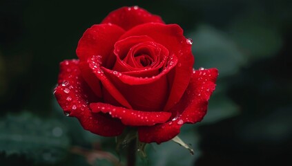 Red rose with dew drops in close-up. Nature background. Blossom. 