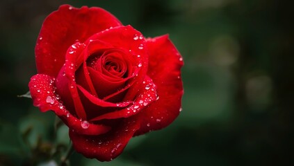 Red rose with dew drops in close-up. Nature background. Blossom. 