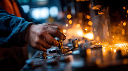 Worker&rsquo;s hands gripping abrasive regenerator controls sparks and dust flying as heavy machinery roars reflective surfaces illuminated by bright industrial light atmosphere