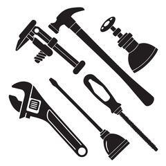Plumbing tools hammer adjustable wrench screwdriver plunger vector