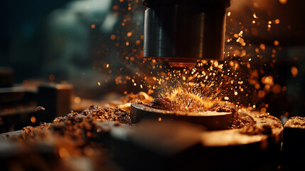 A close up of abrasive material being reformed inside rotating machinery sparks and dust particles suspended mid air silhouette of a worker in background atmosphere of heat