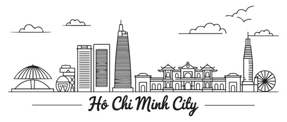 Obraz premium Ho Chi Minh City Line Art skyline horizontal banner. Black Ho Chi Minh City, Vietnam. Vector template for your design. with white background