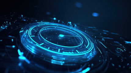 A futuristic neon blue digital countdown timer glowing in the dark, symbolizing anticipation for an upcoming release with floating holographic elements enhancing the high-tech atmosphere.