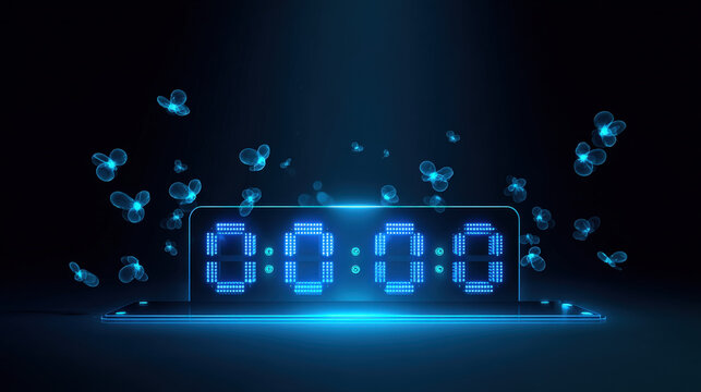 A futuristic neon blue digital countdown timer glowing in the dark, symbolizing anticipation for an upcoming release with floating holographic elements enhancing the high-tech atmosphere.