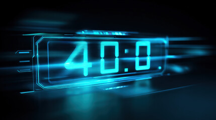 A futuristic neon blue digital countdown timer glowing in the dark, symbolizing anticipation for an upcoming release with floating holographic elements enhancing the high-tech atmosphere.